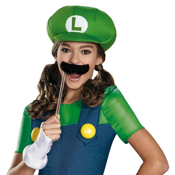 Luigi Girls Costume XL Mario Nintendo Halloween with Mustache Stick Hat Gloves - Picture 15 of 15